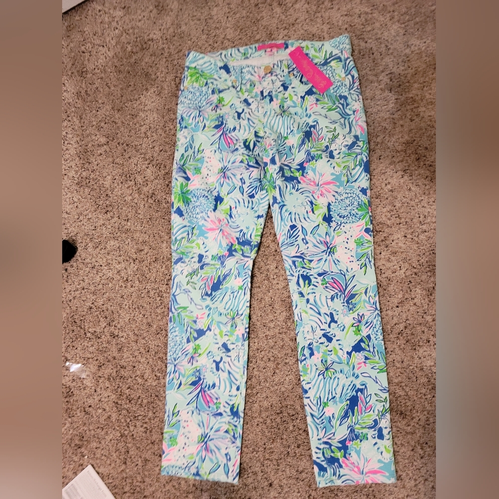 Lilly Pulitzer "South Ocean Skinny Coastal Blue Lion Around" Denim-Like Pants